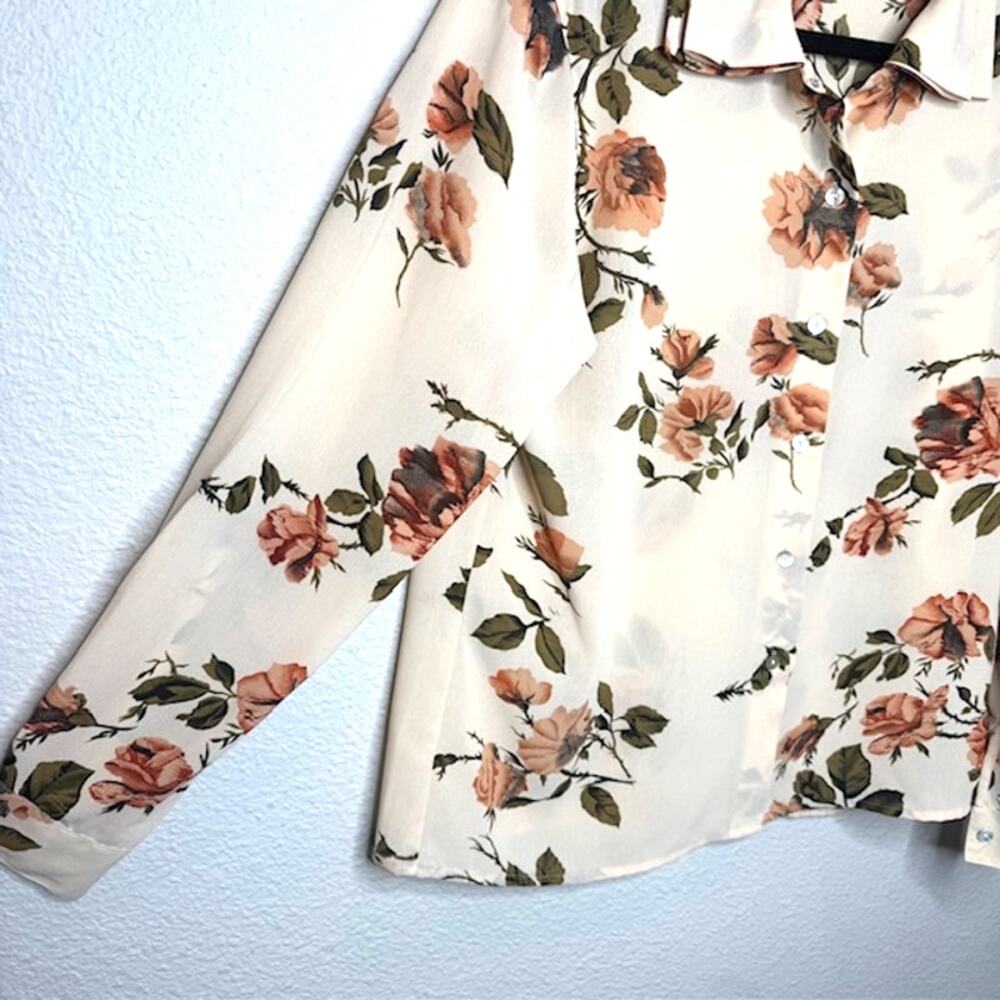 Le Caviar Sheer Floral Blouse M Beige Fall Cottagecore Button Front - Picture 5 of 14